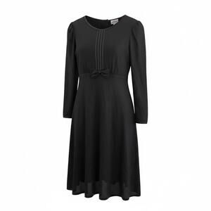 Vintage 80s Black Dress Sam’s Made in USA Puff Sleeve Bow Long Sleeve Size 14